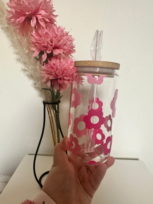 Pink Flower Glass Cup - 16oz