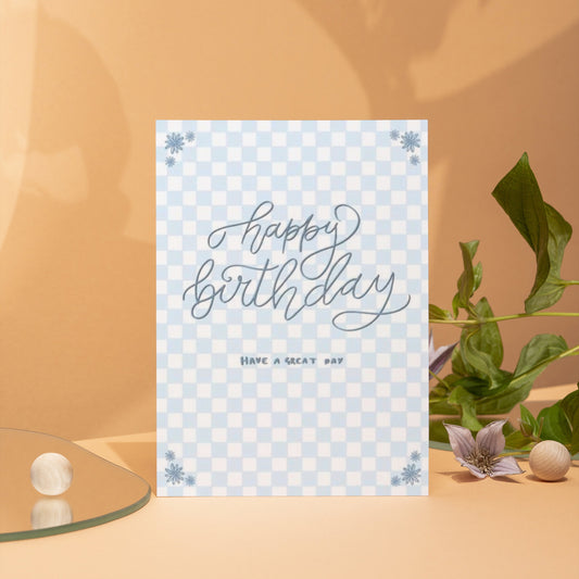 Blue Happy Birthday checked Card